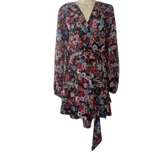 Express Womens Conscious Edit Ruffle Tiered Romper Black Floral Chiffon L New - Picture 4 of 5